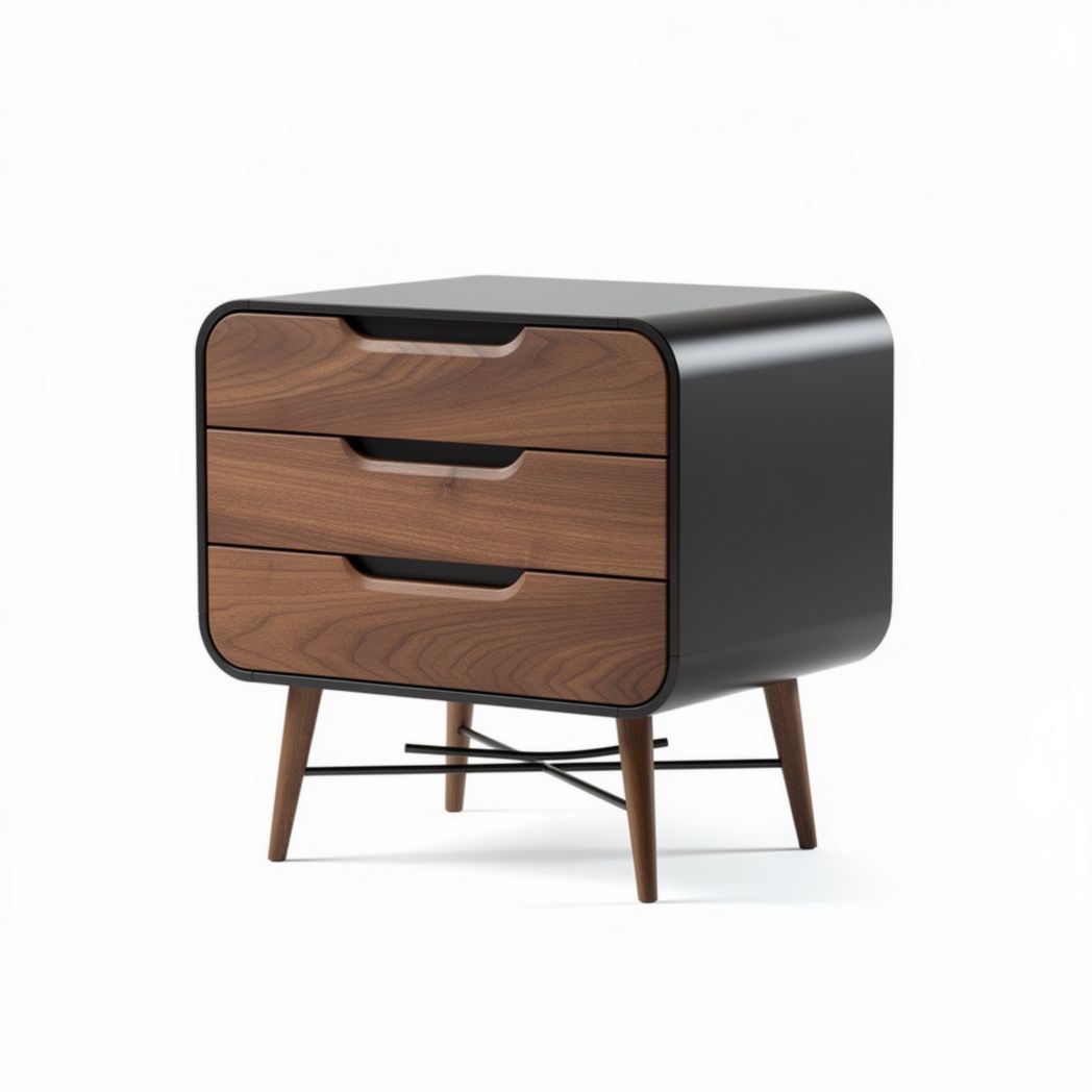 Nachtkastje in zwart en walnootfineer met 2 lades en metalen poten 60 x 50 x 45cm