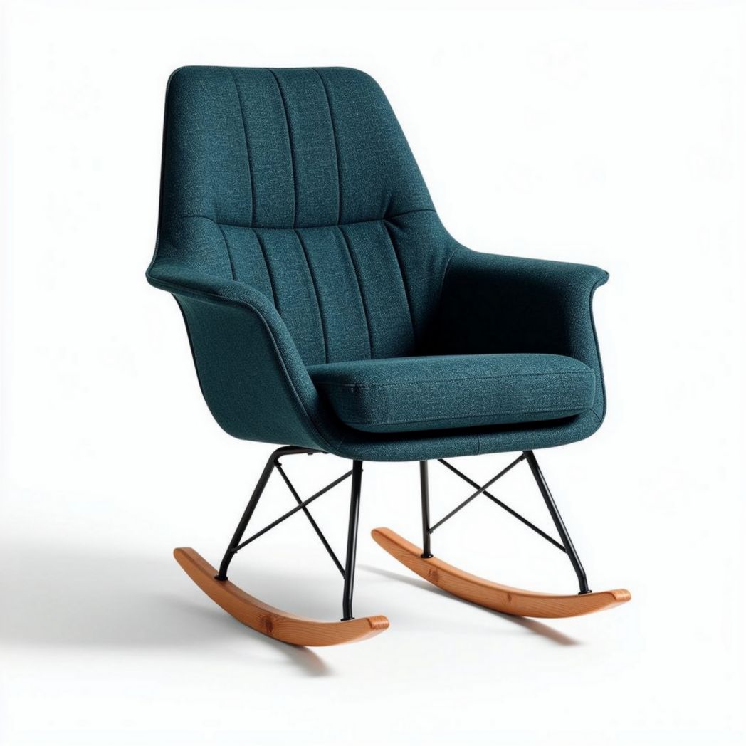 Schommelstoel van stof in groen met houten voet en metalen frame 80 x 70 x 90cm