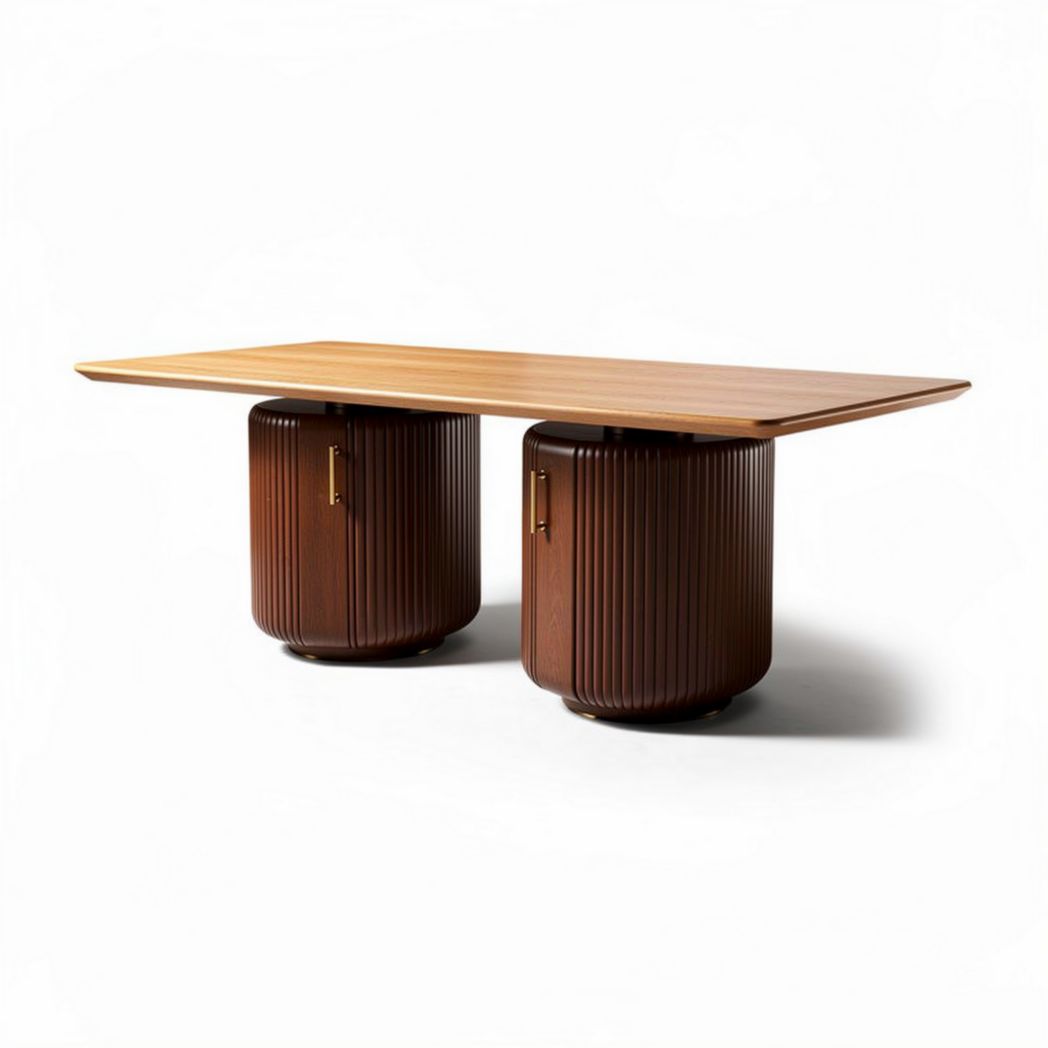 Eetkamertafel in bruin hout met ronde onderstellen 180 x 90 x 75cm